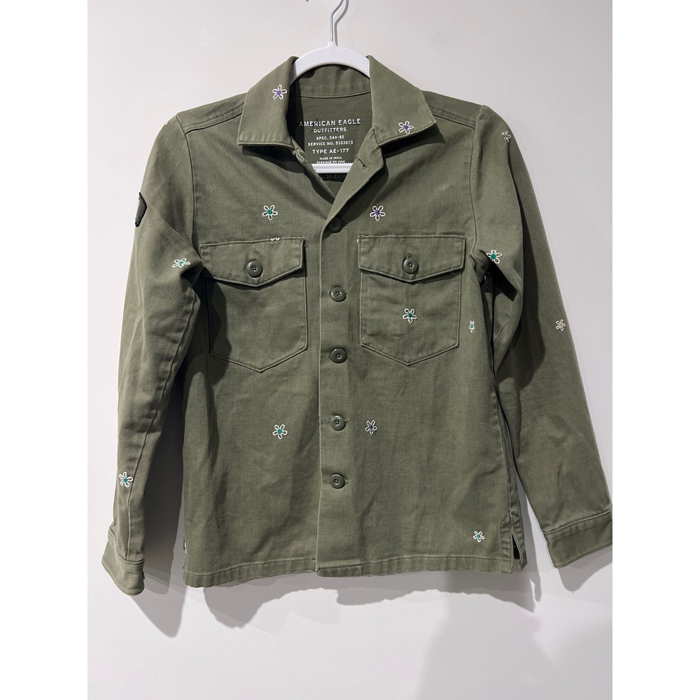 American Eagle Outfitters Olive Green Daisy Embroidered Utility Jacket Womens XS